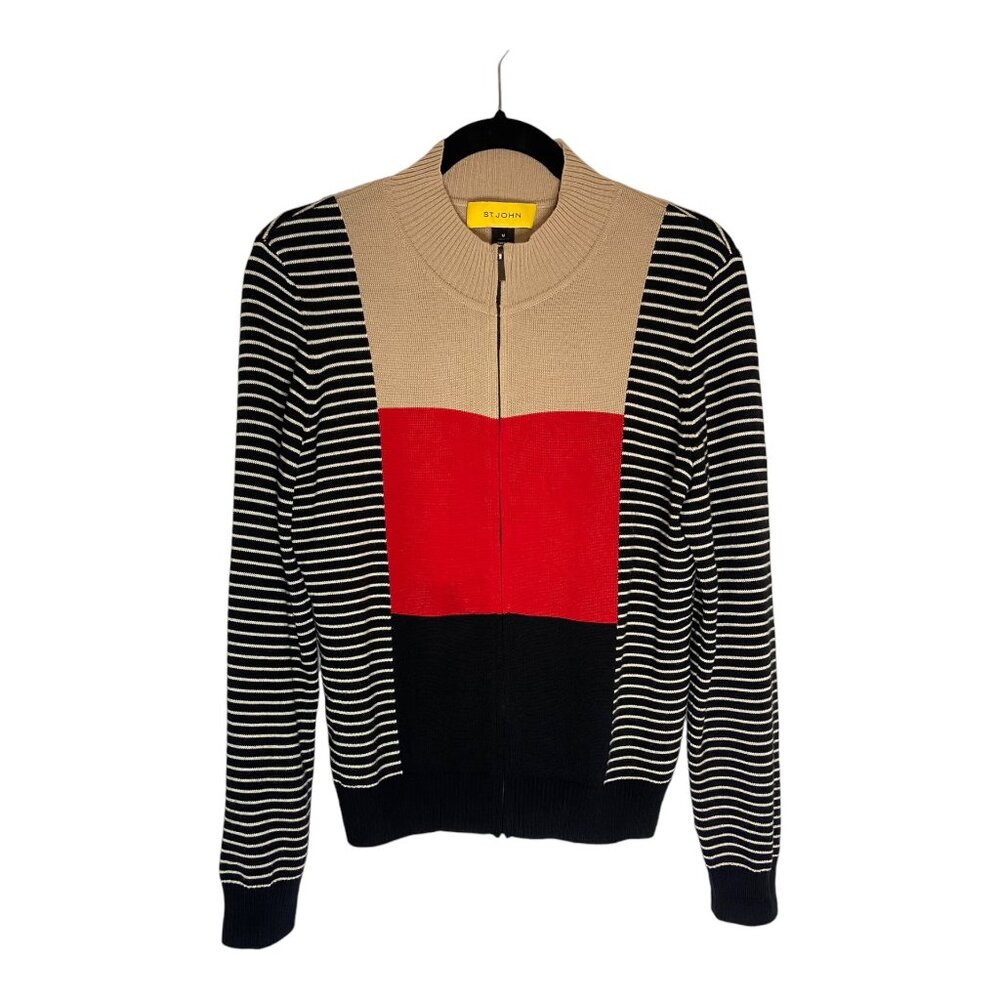 St. John Colorblock Striped Full Zip Wool Sweater-sz Medium